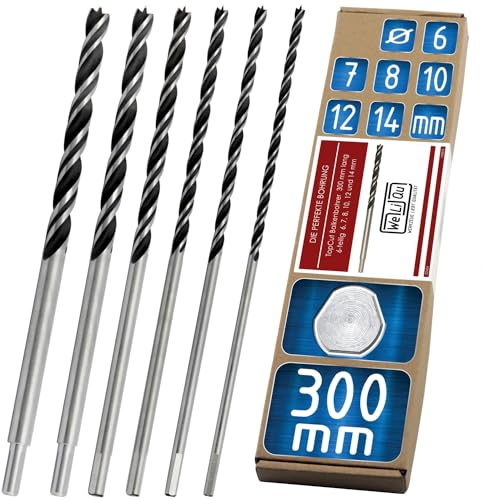 WELIQU Holzbohrer Set 6-teilig, 300 mm lange Balkenbohrer 6,7,8,10,12,14 mm mit TopCut-Schliff: Exakt-Schnell-Sauber, Länger scharfe HCS/CV Holzspiralbohrer, 30 cm Bohrer für Holz