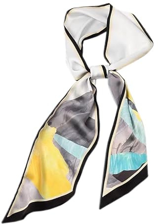 GIMIRO Satin Seidenschal 148 x 13,5 cm Eleganter Damen Schal mit Geometrischem Muster Weiß-Türkis-Gelb Seidiger Stoffbandschmuck für Handtasche (ZGF Black - Dark Gray- Yellow)