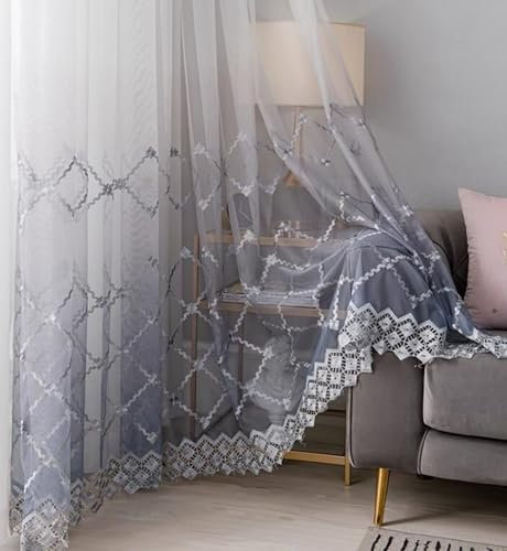 Beydodo Grau Vorhänge 2er Set, Gardinenschals Schlaufen Halbtransparent 132x183CM Farbverlauf mit Stickerei Gardinen Leinen Lichtdurchlässig Schiebevorhänge Wohnzimmer Küche Kinderzimmer