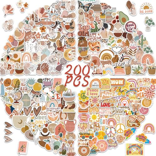 Veszoen 200 Pezzi Adesivi Bohémien Stickers Aesthetic Cute Stickers Scrapbooking Stickers in Vinile Impermeabili per Computer Portatili Chitarre Telefoni Cellulari e Skateboard per Adulti Adolescenti