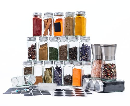 MIRAMARLINE Set 24pcs Botes Especias Cristal 120 ml + 2 Molinillo Pimienta - Spice Jars -Botes para Especias, Etiquetas, Tamiz, Rotulador y Cepillo para Limpieza
