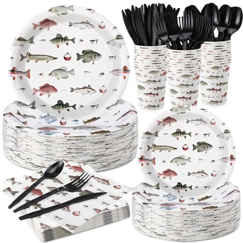 Ziliny 350 Pcs Fishing Party Supplies Tableware Set Disposable 9'' 7'' Paper Plates 9 oz Cups Cutlery Napkins Dinnerware Set for 1st Birthday, Serve 50 (Fishing Birthday, White, Red)