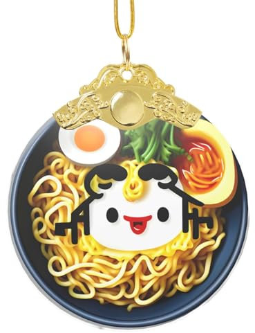 ETASUIOL Pendentif rond en verre avec motif coquetier, nouilles, ramen, pour Noël, avec chaîne pour les vacances et les anniversaires, taille unique