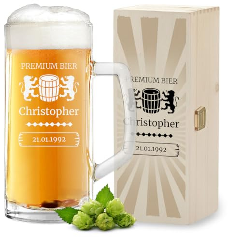 polar-effekt Bierkrug 0,5 Liter und Holzbox als personalisiertes Geschenk - Geschenke für Männer - zum Geburtstag und Jubiläum - Glas für Bier, Pils, Lager und Export