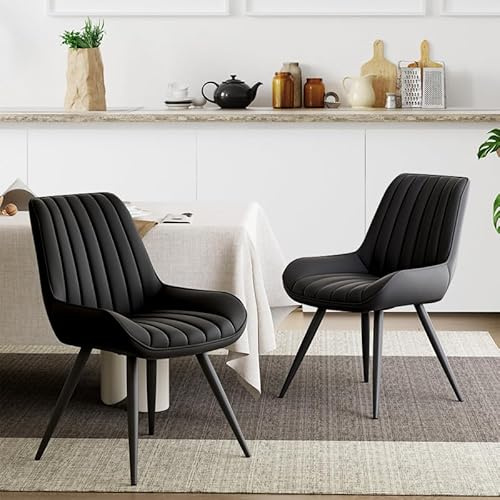 Moderner gepolsterter Esszimmerstuhl - Extra dickes Sitzkissen, Künstlicher Stoff Esszimmerstühle Küchenstuhl Polsterstuhl Wohnzimmerstuhl Sessel mit Rückenlehne, Metallbeine (Schwarz, 2er Set)