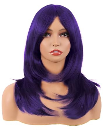 MapofBeauty 20 Pollice Lungo Layered Con Frange Lisci Parrucche,Scuro Viola | Shoulder Lunghezza Capelli,per Quotidiano