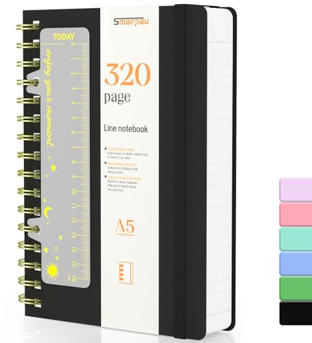 Smarpau Lined Notebook 320 Pages, A5 Spiral Notebooks for Daily Writing | 100gsm Thick Paper, College Ruled Notebook for Women Men Note Taking School Office, 14.5 x 21cm, Black