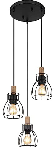 Vintage Pendelleuchte Esstischlampe Holz Retro Hängeleuchte Käfigschirme, Metall braun schwarz, Fassungen 3x E27, DxH 35,5x120 cm