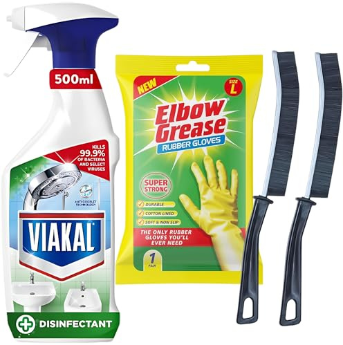 Limescale Remover Spray Bundle 500 ml - Cleaning Products with Antibacterial Spray and Extra 2 Crevice Cleaning Brush and Elbow Grease Rubber Gloves Large 1 Pair