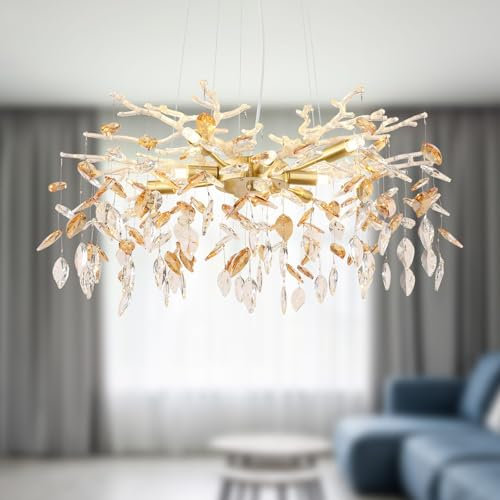 bmf-versand® Hängelampe aus Metall goldfarbig mit Kristalle inkl. Pflegetuch - Kronleuchter 8-flammig für Wohnbereich und Essbereich - Pendelleuchte 8x G9 Fassung 8 Watt