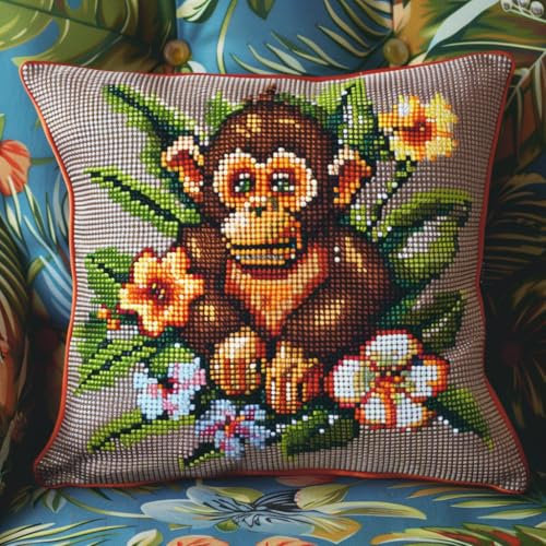Taxpy Knüpfkissen Set, Blumen und Affen Latch Hook Kissen Kit für Anfänger Erwachsene zum Selber Knüpfen, DIY Knüpfteppich Knüpfpackung, Kissen Selber Knüpfen Set, 43x43cm