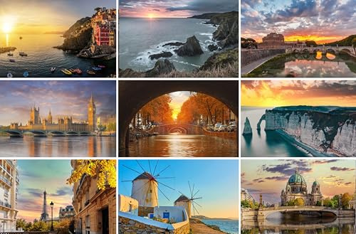 Postkarten-Set Sonnenaufgänge in Europa - 9 Karten / Grußkarten | Fotos Bilder aus Deutschland Italien England Frankreich Griechenland / Berlin Rom Paris London Amsterdam Mykonos Normandie