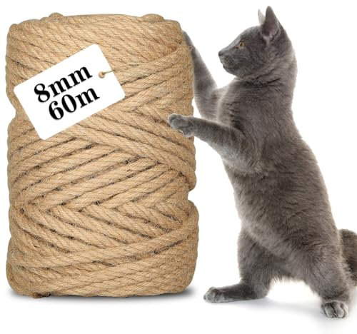 CIOXSOIO Corda Sisal per Tiragraffi per Gatti 8mm x 60m, Corda Juta Naturale per DIY Tiragraffi per Albero di Gatto, Filo per Graffiatoio, Ideale per Casa, Giardino, Decorazioni