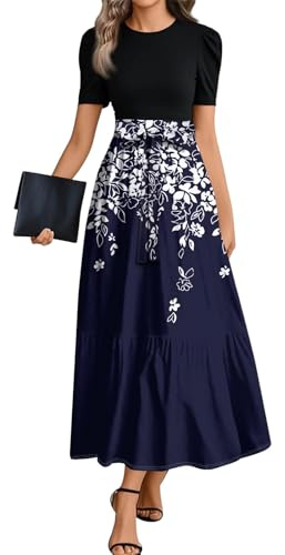 Maxikleider Damen Sommer Bohemian Kleid Elegant Damen Festlich Blumen Volant-Kleid Maxi Empirestil Skaterkleid Mit Ärmel Volantkleider A-Linien High Waist Binden Blumenkleid Kurzarm Schwingen