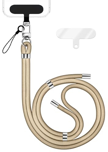 NALIA Universal Handykette für alle Smartphones, Beige, Silber Metall | Voluminöses Band liegt weich auf der Haut, Ohne Kleben montiert, Trägt auch Kompaktkamera und Wallet, HOLDME