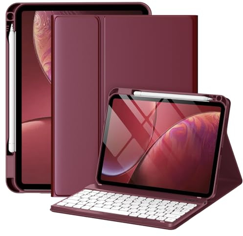 drivego Hülle mit Tastatur für iPad (A16) 11. Generation/10. Generation | Magnetische Anti-Detach Tastatur Hülle für iPad 11 Zoll 2025/10.9 Zoll 2022 mit Stifthalter, QWERTZ Layout Keyboard, Weinrot