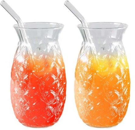 Lot de 2 verres à eau rétro nervurés avec pailles en verre ananas en verre transparent 480 ml pour cocktail whisky, bière, eau, jus, lait