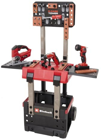 Einhell E-Case arbetsbänk 110 delar, inklusive miniskruvmejsel, sticksåg, batterilampa och många tillbehör, storlek ca. 70 x 33,5 x 95 (H) cm, den första transporterande och växande arbetsbänken för