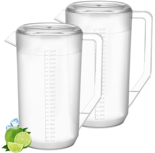 saerryor 2 Pack Plastic Jugs with Lid, 2.4 Litre Clear Water Pitcher with Scale and Handle, Unbreakable Beverage Pitchers Fridge Jugs for Milk Juice Iced Tea Lemonade