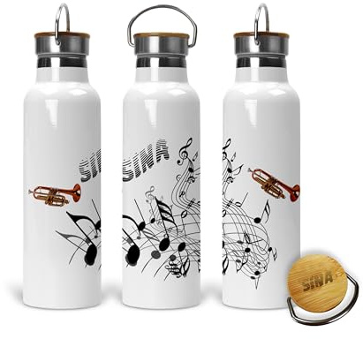 DRUC KLAUS Musiker Trinkflasche Trompete – personalisiert mit Notenmotiv und Wunschname – Edelstahl Thermoflasche 500 ml oder 750 ml – mit Bambusdeckel – Geschenkidee für Trompeter