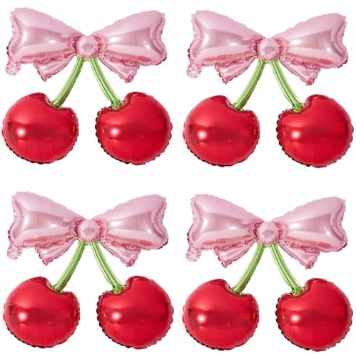 4Pcs Pink Bow Red Cherry Balloons for She's The Cherry On Top Party Foil Balloons Berry First Birthday Decorations Fruit Theme Baby Shower Bridal Wedding Party Supplies