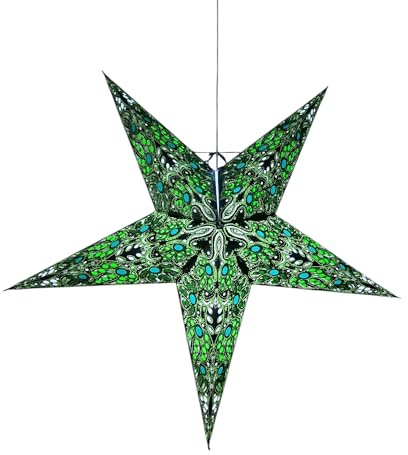 Jai Craft Papierstern Lampenschirm 60cm – Weihnachtsdeko, Fensterdekoration, Laterne, festliche Beleuchtung (Grün Schwarz)