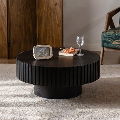 Glenmi Table Basse Ronde de Salon, Style Moderne du Milieu du siècle, en Bois de Noyer, Tambour cannelé, Cercle, Accent Central, cannelé, Marron, Assemblage Facile(A,80cm)