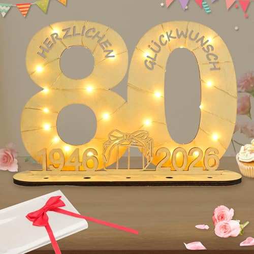Seutgjie Originelle Geschenk 80 Geburtstag Frau Mann 1946-2026, 80 Geburtstag Deko Holz Schild Gästebuch, Geldgeschenke Geburtstag 80 Geburtstagskarte mit LED Lichterkette Geschenkpapier