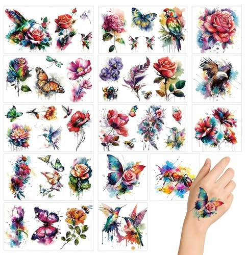 VelvetGlow Acquerello Fiore Farfalla Colibrì, 14 Fogli di Tatuaggi Temporanei 3D per Donne e Ragazze, Finti Adesivi Tatuaggio Impermeabili per Arte del Corpo Femminile
