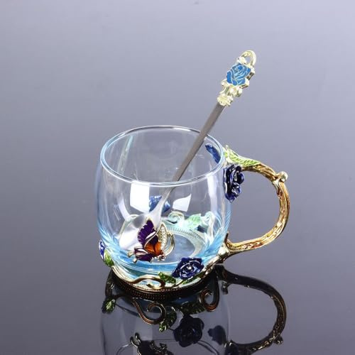 Taza de té de cristal esmaltada con cuchara, 320 ml, 350 ml, resistente al calor, diseño de flores, taza de té esmaltada, taza de café antigua (azul-corto)
