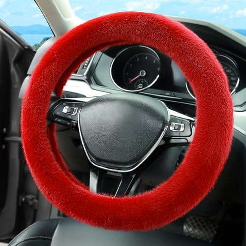 Valleycomfy Lenkradabdeckungen Plüsch Lenkradhülle Puffy Kunstnerzfell Lenkradbezug Weich Bequem Lenkrad Abdeckung Für Frauen Männer Universal 37-39cm, Rot