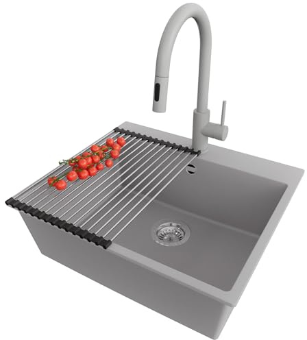 PRIMAGRAN Fregadero Granito al Mueble 60cm + Grifo, 58x50cm | Set: Grifo BW9010 + Kit de desagüe + Enrollable Escurridor + Riga 1 Seno para Cocina, Gris