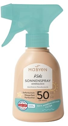 MABYEN Kids Sonnenspray LSF 50, 100% mineralischer UV-Filter, 150ml | Sofort-Schutz ohne Einwirkzeit, Zinkoxid, parfümfrei, wasserfest, COSMOS-zert. Naturkosmetik, dermatologisch getestet, vegan