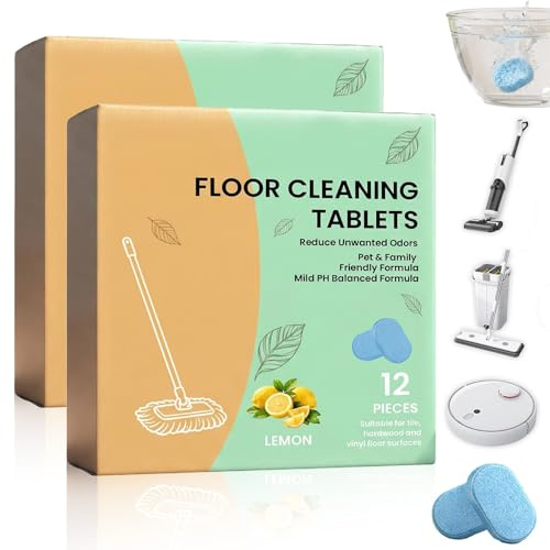 12 Stück Bodenreiniger Tabletten Bodenreiniger für Hartböden, Vordosierte Auflösbare Reinigungslösung für Parkett, Fliesen und Vinyl, Kompatibel mit Wischrobotern & Nass-/Trockensaugern(24pcs)