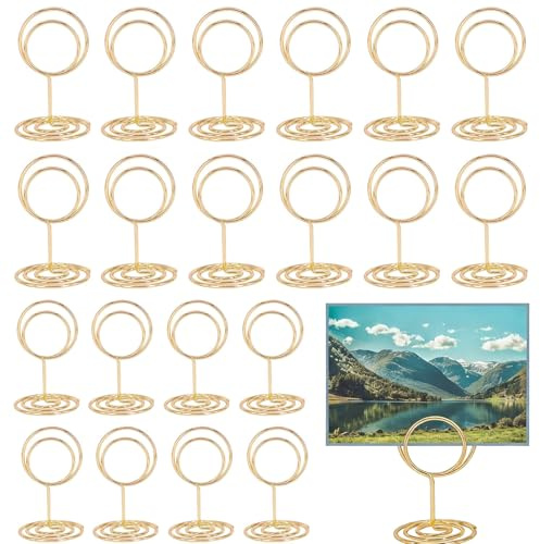 20Pcs Gold Table Number Holders, Circular Clip, Stable Upright Design | Sturdy and Durable, Reusable, Photo Stand for Tables, for Wedding, Banquet, Party, Office Photo Folder|5x3.3cm