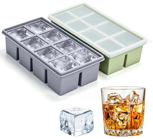 2 Piezas Cubiteras para Hielo Grandes, 5cm Cubitera Silicona Con Tapa | 8 Compartimentos Cubiteras para Hielo Con Tapa sin BPA Ice Cube Tray para Bebidas Frías, Whisky (Gris & Verde)