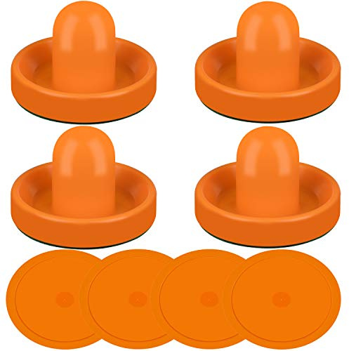 ONE250 Air Hockey Pushers and Orange Air Hockey Pucks, Goal Handles Paddles Replacement Accessories for Game Tables (4 Striker, 4 Puck Pack) (Orange)