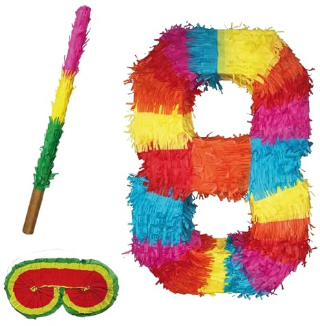 Party Factory – Pinata Set Stab & Augenmaske Geburtstagsdeko Kinder zum Befüllen & aufhängen – Schlag-Piñata als Party Deko in 50x35x8 cm für Kindergeburtstag & Mottopartys – Partyspiel Pinjata Zahl 8