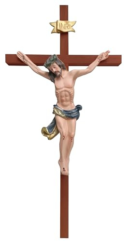Kaltner Präsente Geschenkidee – Holzkreuz Wandkreuz Kruzifix aus Echtholz Buche Kreuz Nussbaum mit Jesus Christus Figur aus Kunststein handbemalt (Höhe 50 cm)