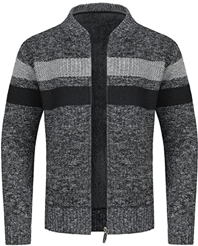 YOUTHUP Fleecefodrad herrkofta med ståkrage, stickad jumper, tjock vinterstickad kappa, vinterrock, L