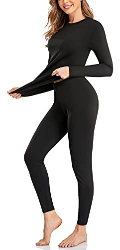 SIMIYA Thermounterwäsche Damen 1er 2er Set, warme Thermounterwäsche mit Innenfleece, Ultraleicht Unterteil und Oberteil lang Funktionsunterwäsche U Ausschnitt Skiunterwäsche für Winter(Schwarz,M)