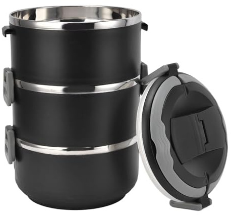HERCHR Fiambrera apilable, Fiambrera Bento a prueba de fugas Recipiente térmico de acero inoxidable para alimentos de 3 niveles para trabajo, picnic, viajes, camping(Negro)