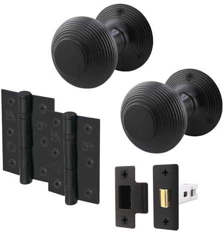EAI Matt Black Door Knobs with Latch 76mm and Hinges, 1 Pack - Beehive | Complete Latch Kit with 1 Pair of Beehive Mortice 55mm Door Knobs, 76mm Latch, 76mm Hinges, Fixings Included