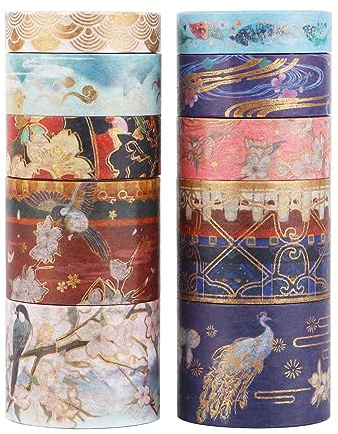 LGEGE Washi Tape Set, 30/15/10 mm di larghezza,10 rotoli di nastro adesivo giapponese (2 m) con 10 adesivi dorati (100 mm x 100 mm) Dunhuang tema cervo elemento,decorazione per scrapbooking,proiettile