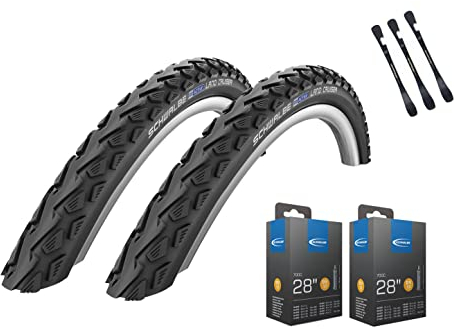 2er Set Schwalbe Fahrradreifen Land Cruiser 28 Zoll, Verschiedene Breiten mit wählbar zusätzlich AV, DV, SV-Schläuche + 3 Metall Reifenheber E Bike (DV-Ventil Schläuche, 28x1,75 Zoll (47-622))
