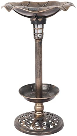 YORKSHIRE HOMEWARE Outdoor Solar Pedestal Bird Bath Fountain | Decoration Leaf Shape Bowl Design Feeder | Integrated Panel | Bird Bath Feeder Feeding Food Station Ornamental Solar Light,Bronze