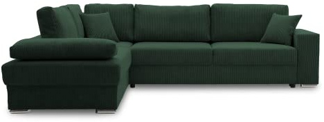 Ecksofa FESTINA 290/230 mit schlaffunktion und Bettkasten - L-förmig - Stoff Cordstoff - Eckcouch mit dekorativen Kissen (Links, POSO 014 Flaschengrün)