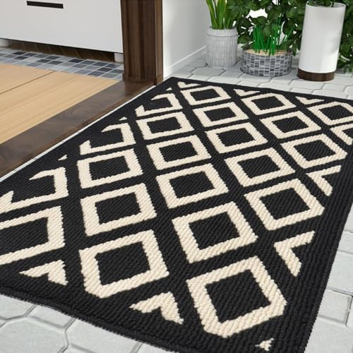 OTraki Alfombra Entrada Casa, 90x60cm Lavable Antideslizante Felpudo Exterior Lluvia Antisuceidad Absorbente Tapete Felpudo Entrada Interior Duradera para Hogar Oficina Jardín, Negro