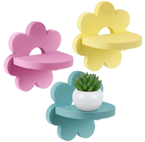 Suzile 3 Pcs Daisy Flower Shelves Floating Wall Decor, Yellow Pink Green