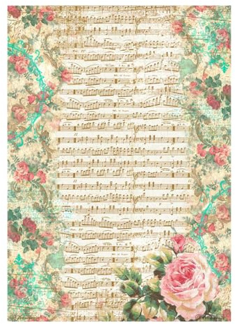 Stamperia Motiv-Strohseide Precious Rose and Music A4 Papier für Decoupage auf Holz Glas Metall Keramik Styropor Kunststoff Terrakotta Leinwand Pappe säurefrei ganzjährig für Scrapbooking und Basteln